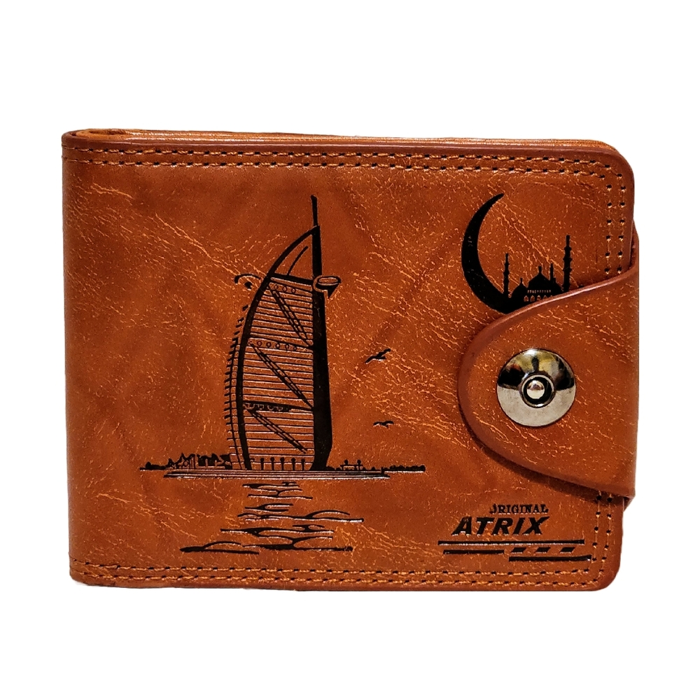 Dubai Souvenir Wallet Brown Leather Men Snap Closure